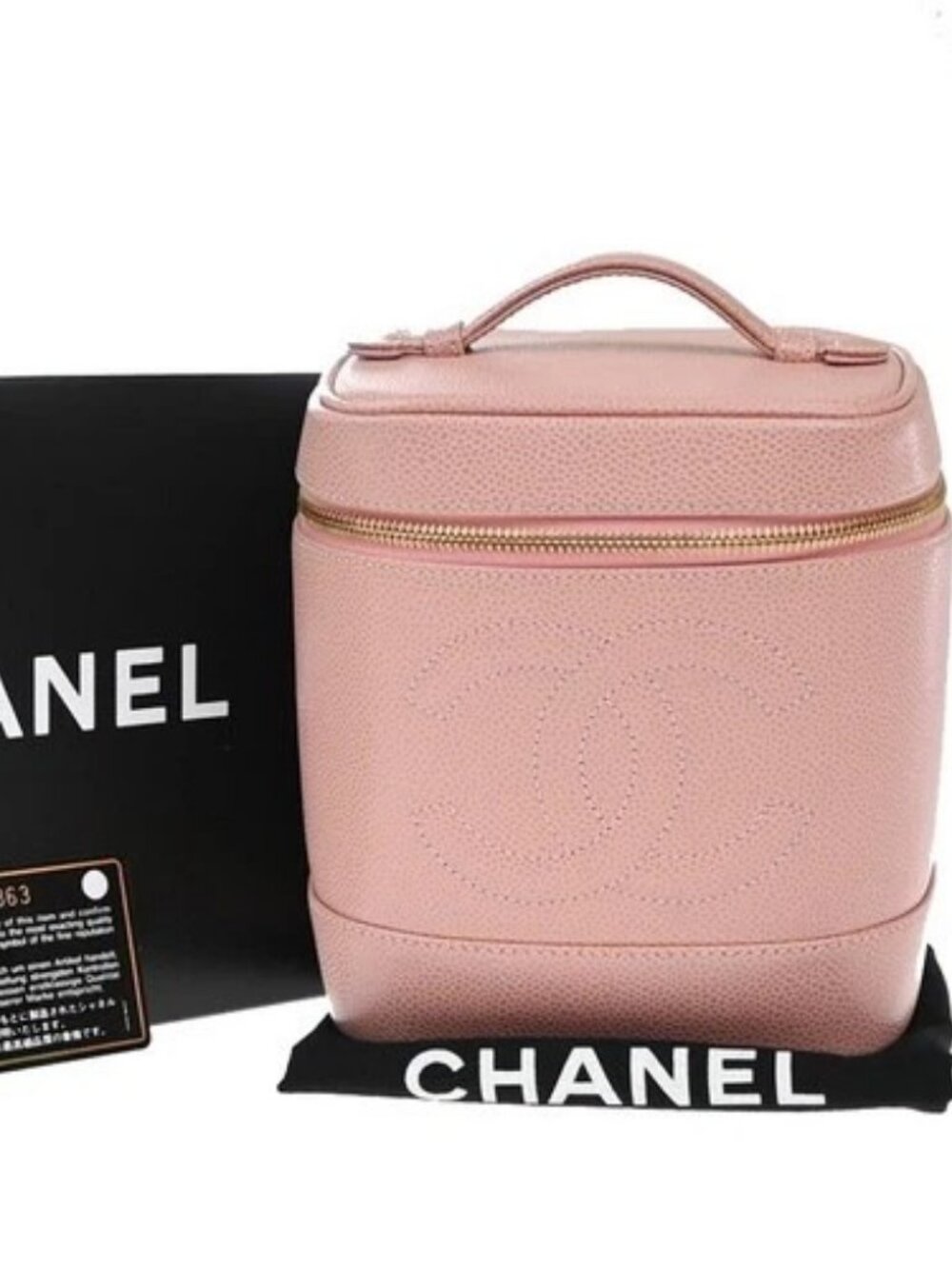 CHANEL CC Logo Cosmetic Vanity Hand Bag Grained Calfskin Leather Pink 674RP132 - Picture 1 of 16